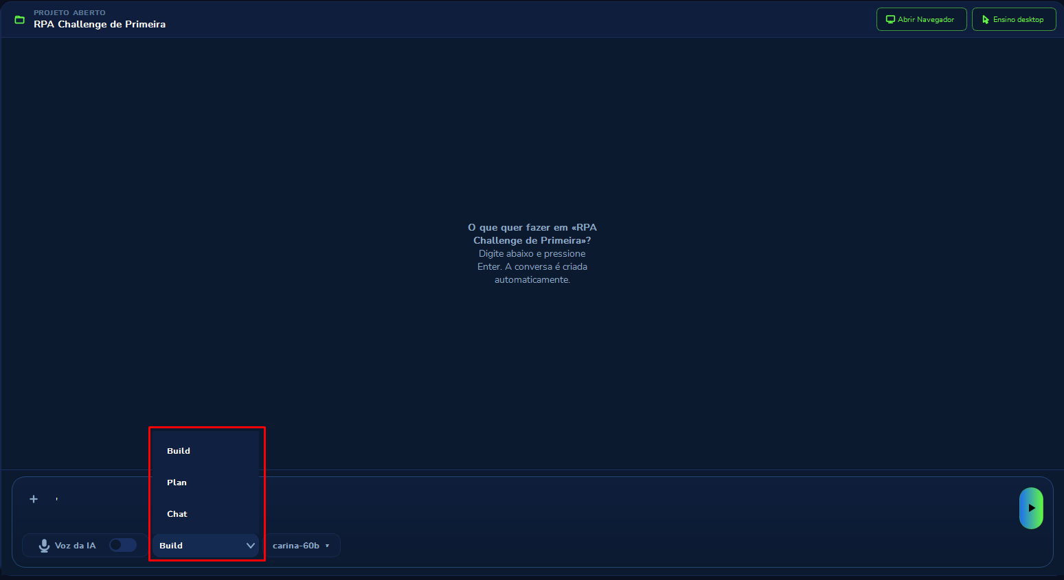 Mode selector open in the AI Chat, showing the Build, Plan and Chat options