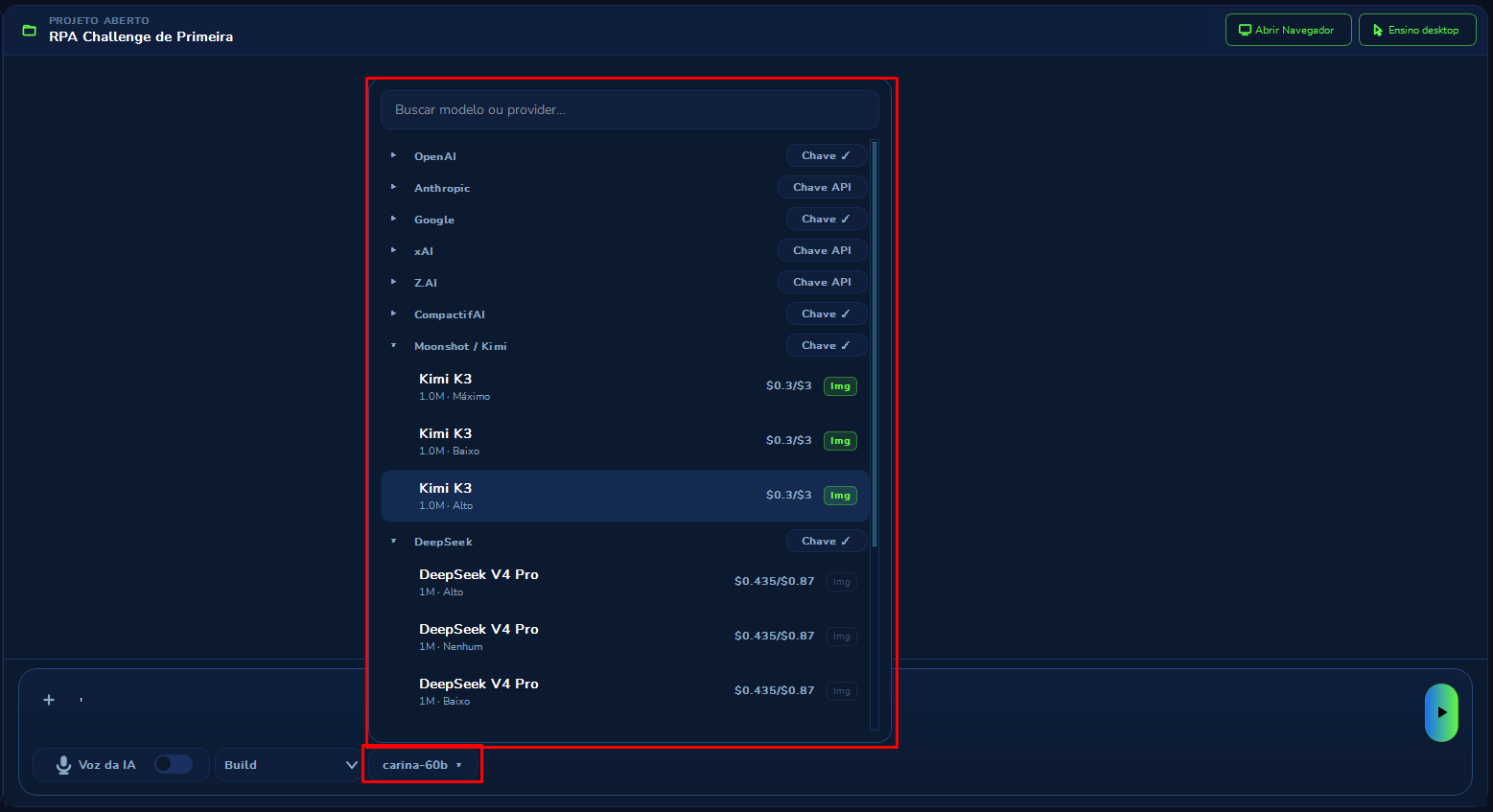 Curator's model selector open, with the provider list, key status and each provider's models
