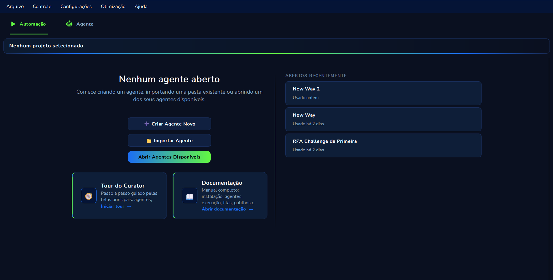 Curator screen with no agent open, showing buttons to create, import and open agents