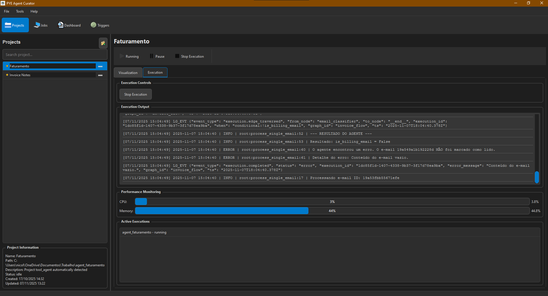 Logs de execução do agente
