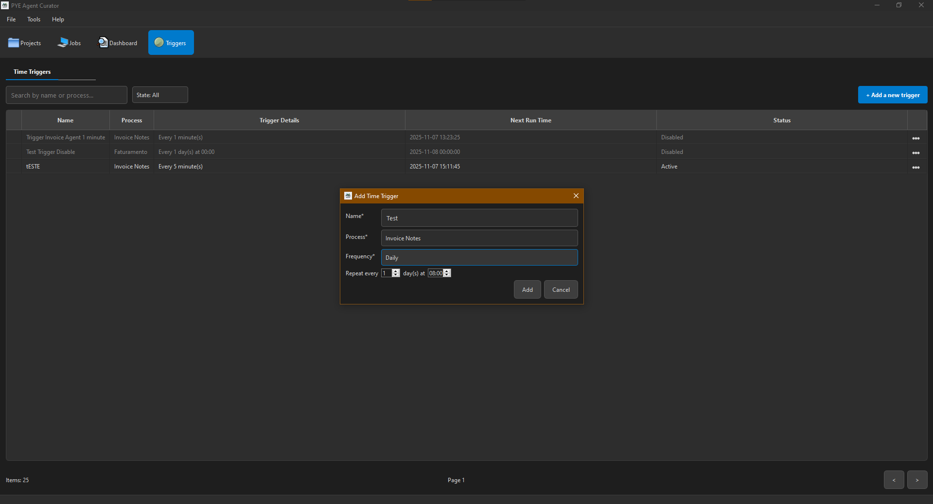 Painel de triggers do Curator